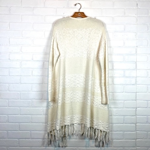 GAP Boho Ivory Longline Swiss Dot Cotton Open Front Fringe Hem Cardigan Sweater - Picture 10 of 13